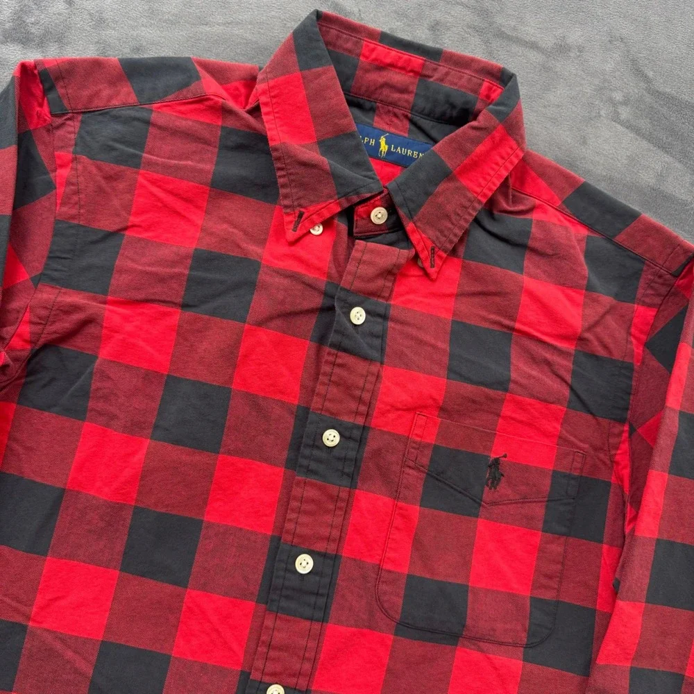 Polo Ralph Lauren Mens Red Black Buffalo Plaid Cotton Button Down Shirt Small